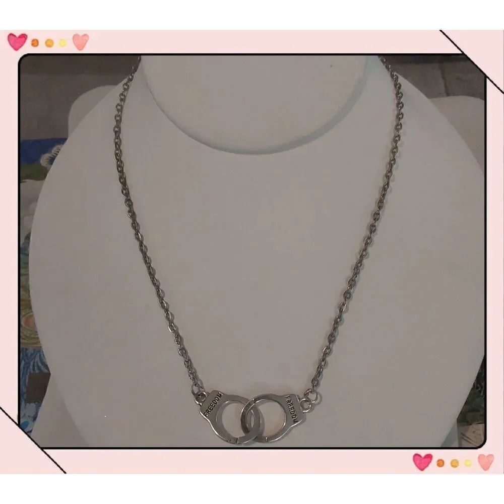 New .925 Sterling Silver "Freedom" Pair of Handcuffs Necklace